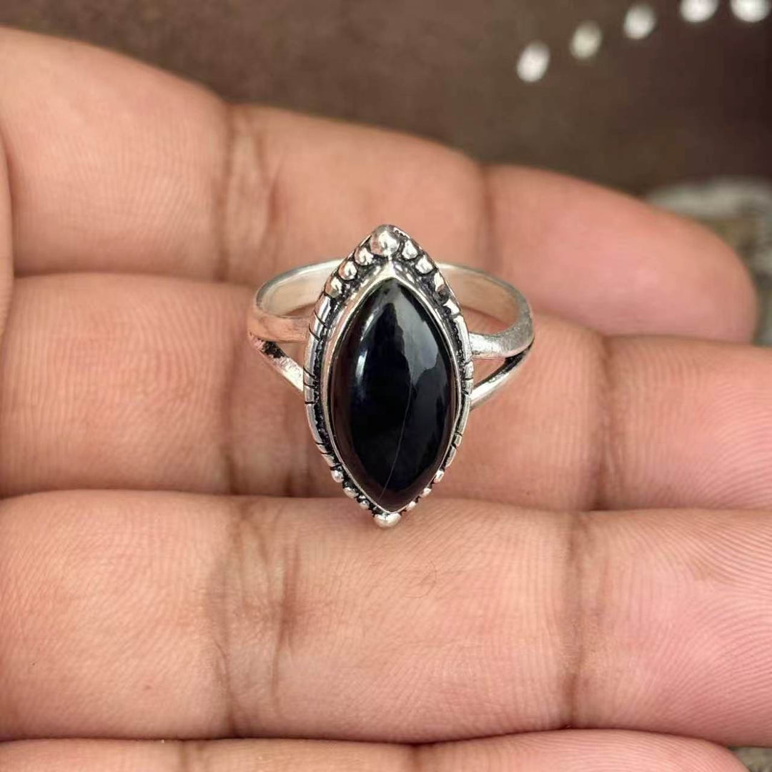 Natural Protection Shield & Strength Vintage Black Agate Silver Ring