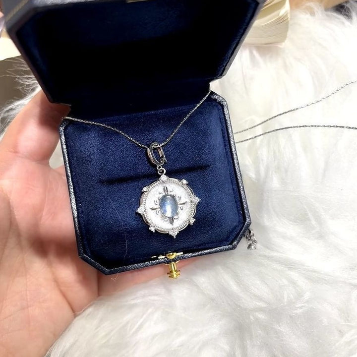 Starlit Serenity · Vintage Court Style Aquamarine & Mother-of-Pearl Pavé Pendant Necklace