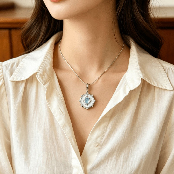 Starlit Serenity · Vintage Court Style Aquamarine & Mother-of-Pearl Pavé Pendant Necklace
