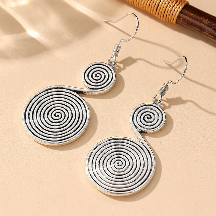 Vintage Spiral Drop Earrings Oxidized Silver-Tone Double Disc Dangle
