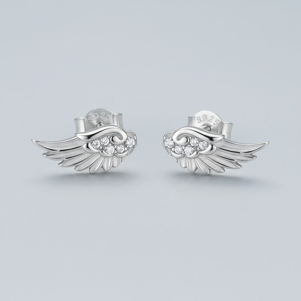 S925 Silver Angel Wing Stud Earrings 18K Gold Plated CZ Guardian Wings