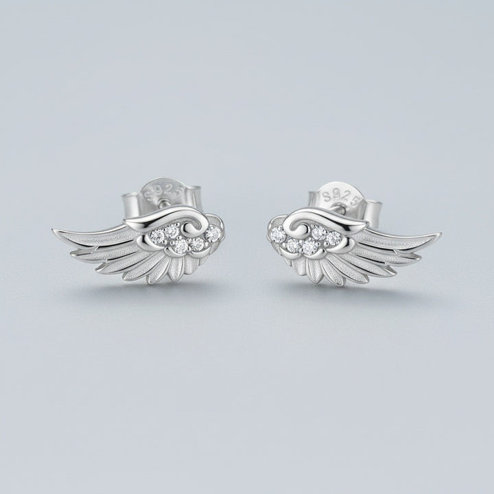 S925 Silver Angel Wing Stud Earrings 18K Gold Plated CZ Guardian Wings