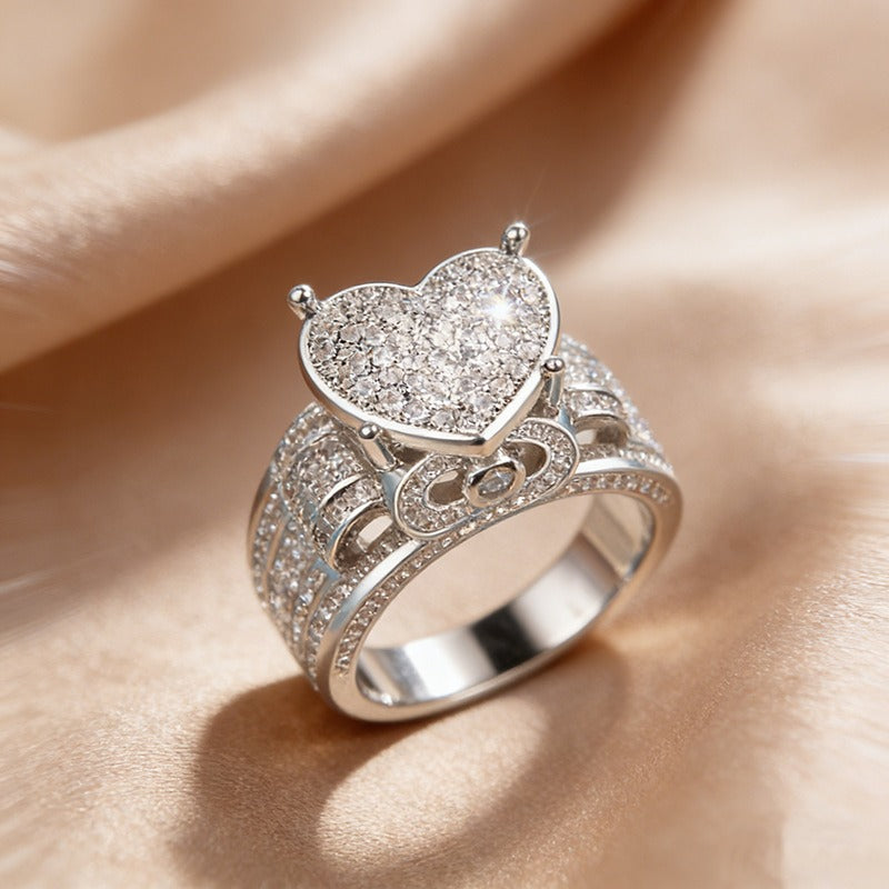S925 Sterling Silver Iced-Out Heart Ring