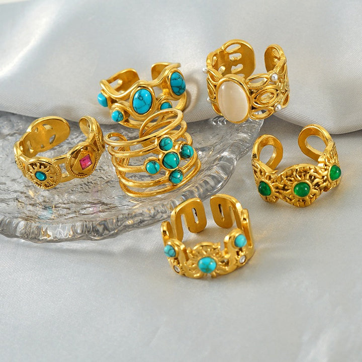 18K Gold Vintage Boho Natural Stone Open Ring