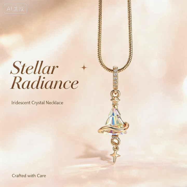 Flowing Starlight 14K Gold Plated Iridescent Crystal Spiral Star Necklace