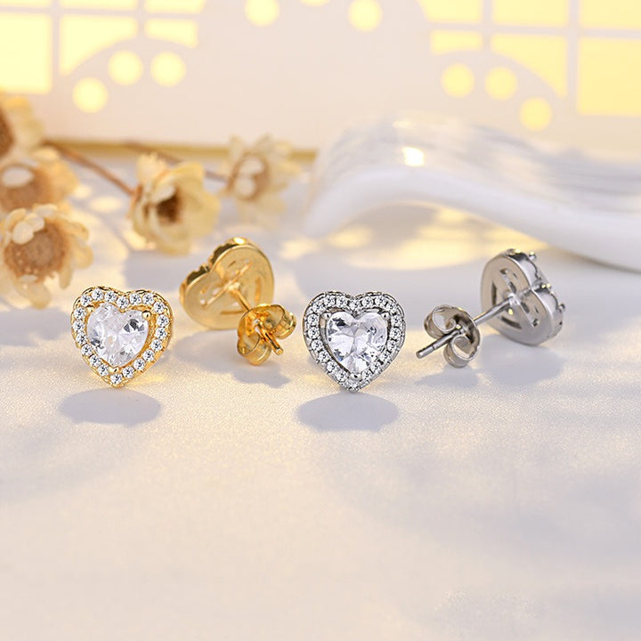18K Gold & Silver Heart Halo CZ Stud Earrings