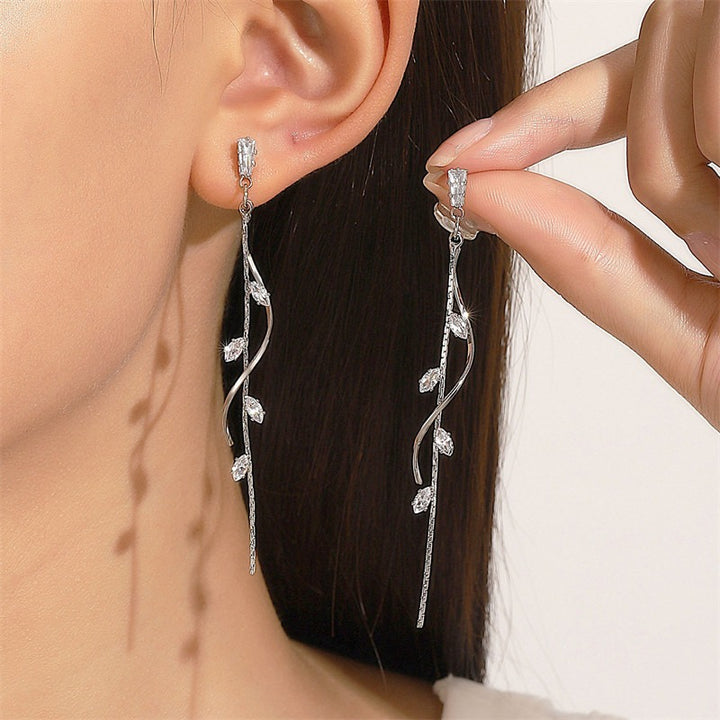 S925 Silver Vine Leaf Tassel Threader Earrings Ethereal Marquise CZ Long Drop Earrings