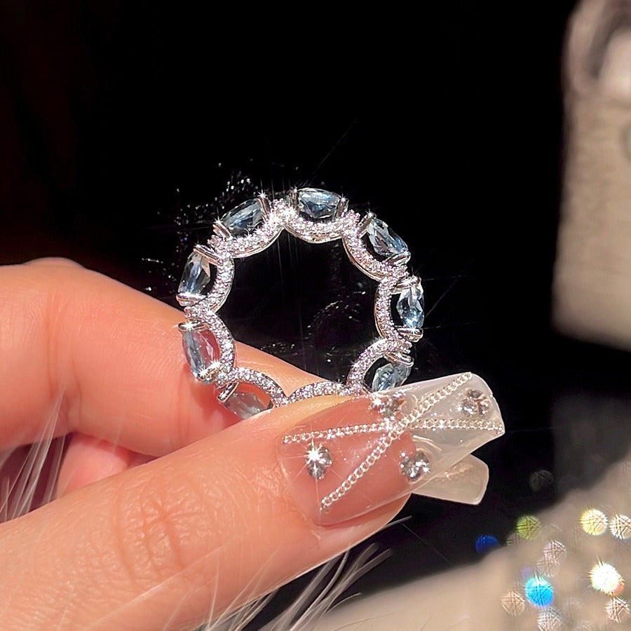 S925 Silver Light Blue Eternity Ring | Aquamarine Color CZ Band