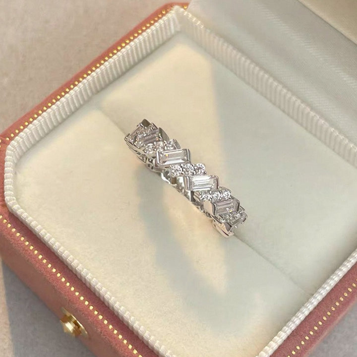 S925 Silver Art Deco Eternity Band Alternating Baguette & Round Cut CZ Ring