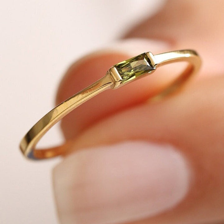 18K Gold Dainty Band Minimalist Olive Green Baguette Ring
