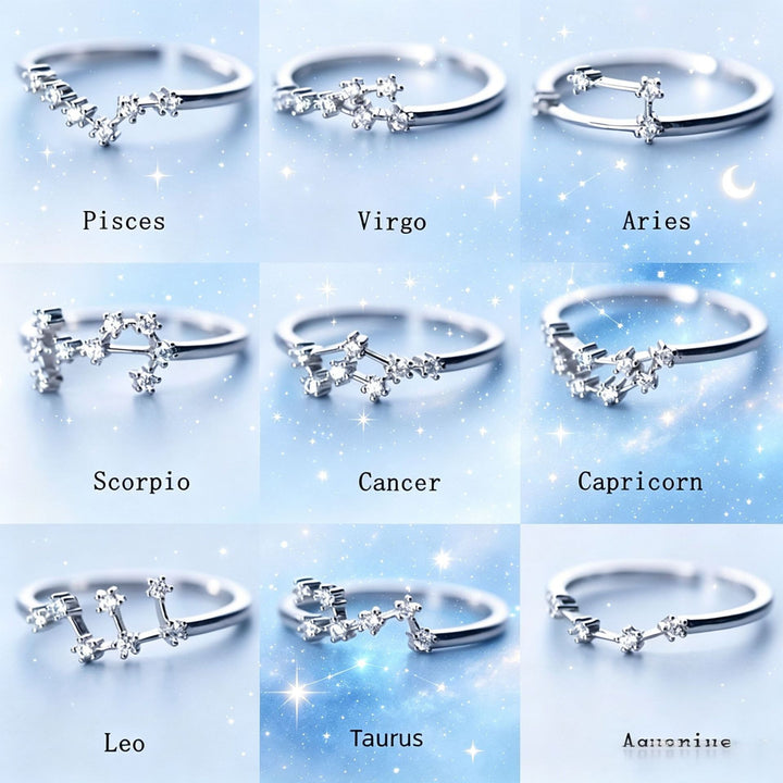 S925 Sterling Silver Zodiac Open Ring Constellation Pavé Ring