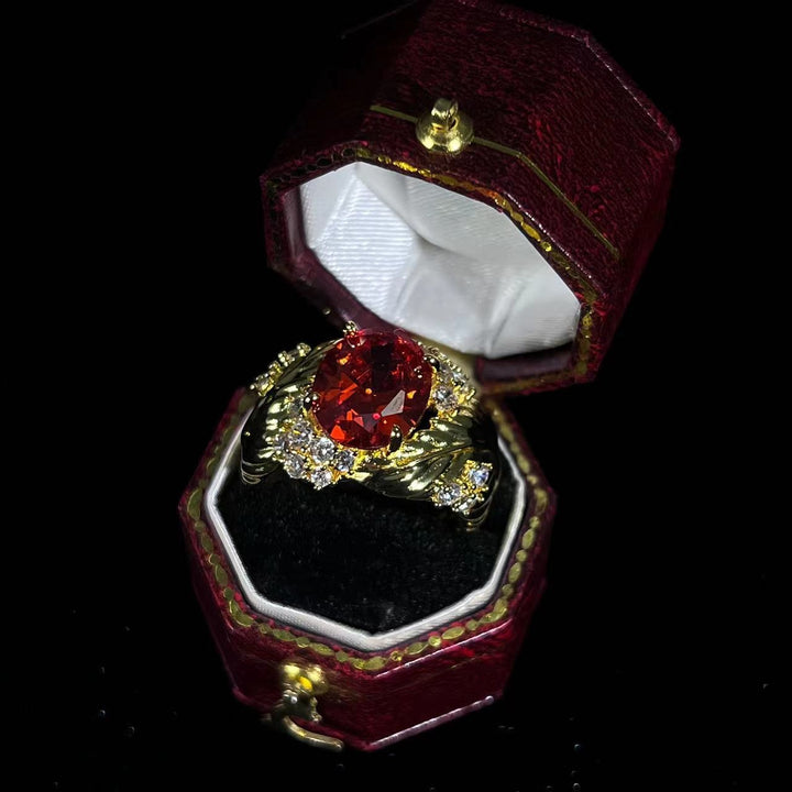 Vintage Feather & Leaf Open Ring Ruby or Champagne Center Stone