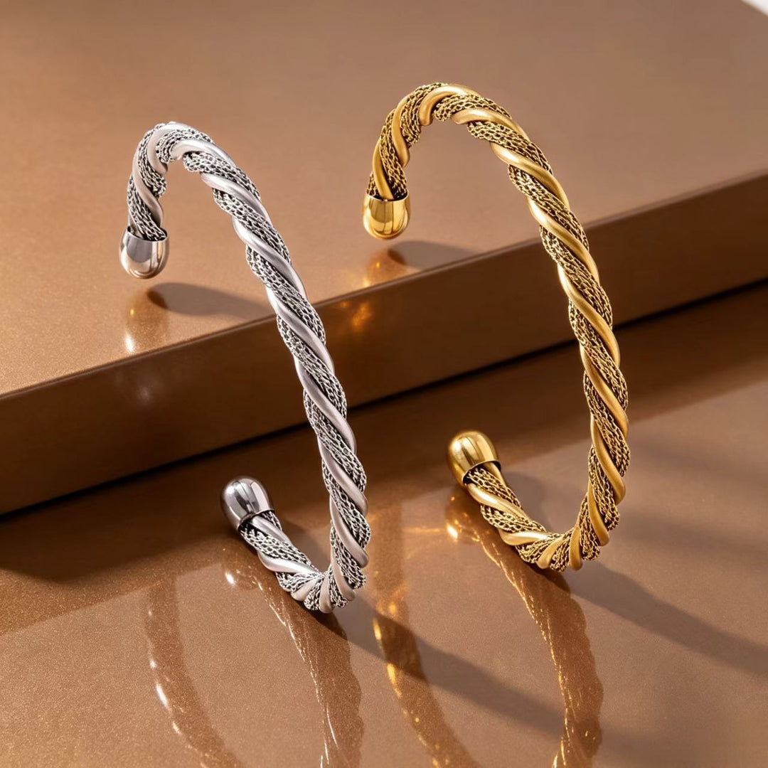 14K Gold Vintage Mesh & Twisted Bangle Classic Woven Texture Bracelet