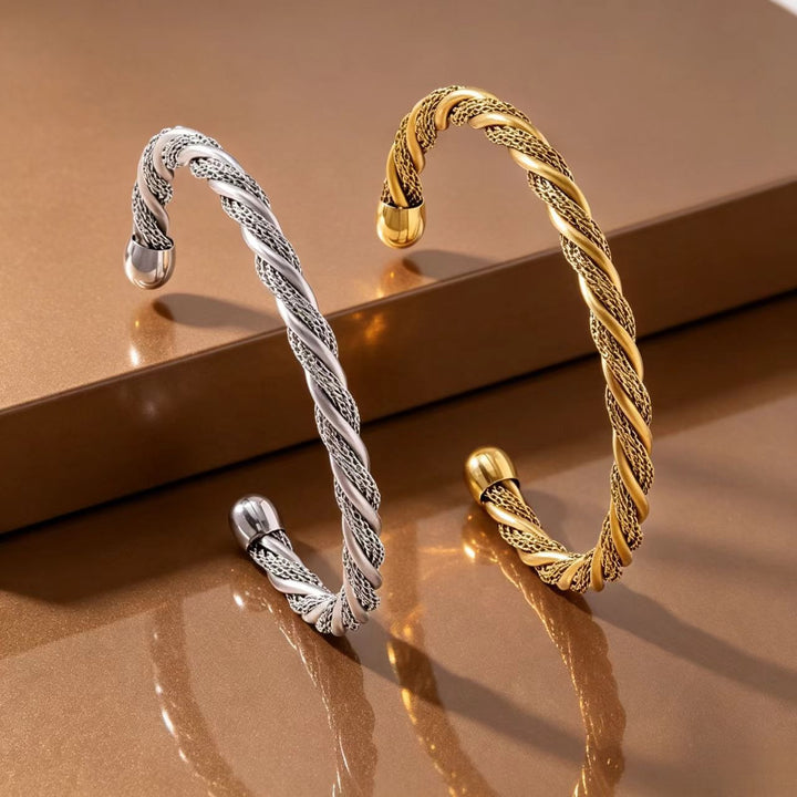 14K Gold Vintage Mesh & Twisted Bangle Classic Woven Texture Bracelet