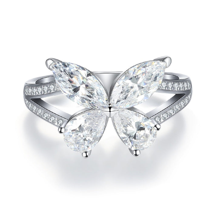 18K Gold Four-Stone Butterfly Open Ring Marquise CZ Adjustable Statement Ring