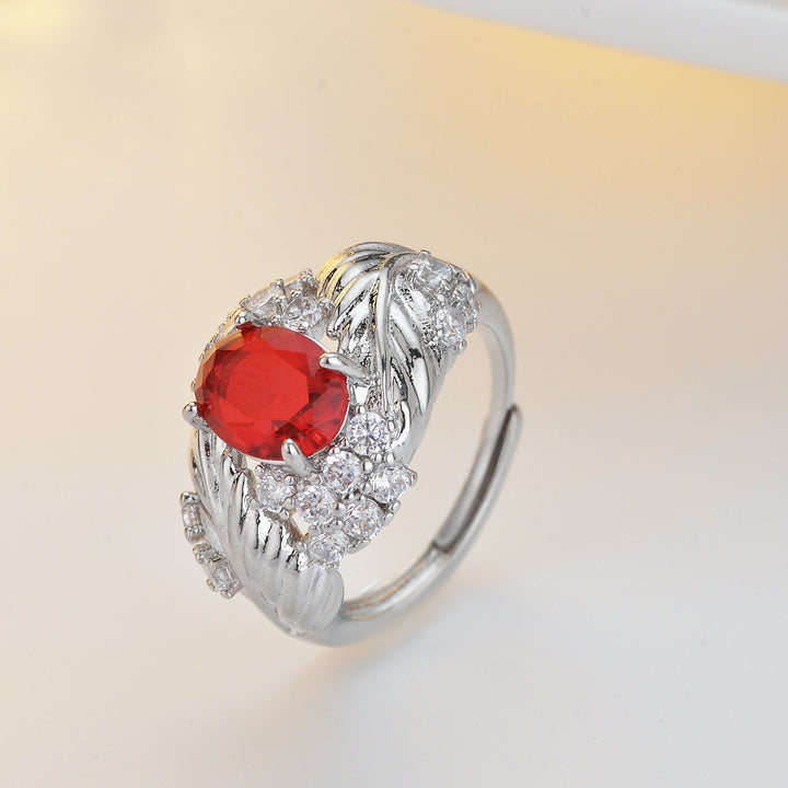 Vintage Feather & Leaf Open Ring Ruby or Champagne Center Stone