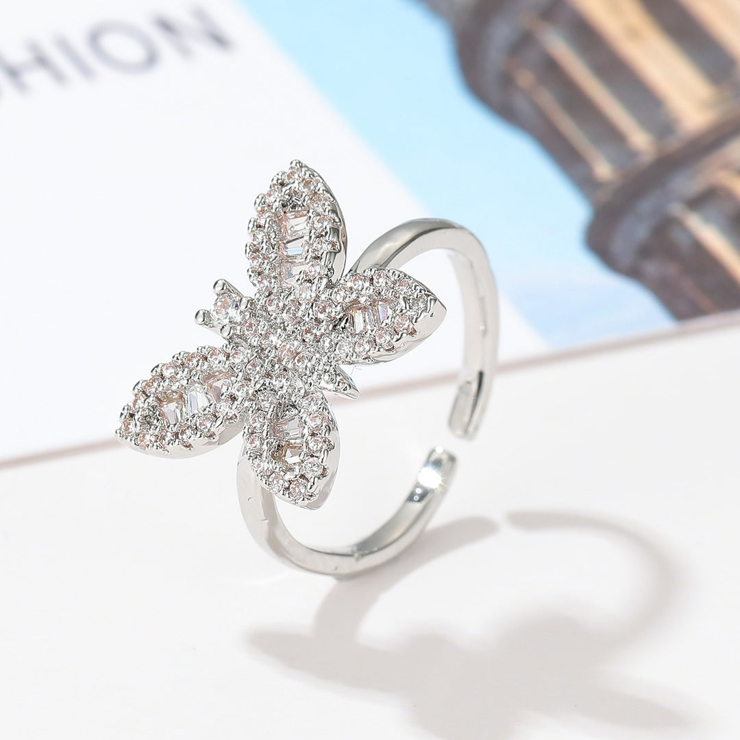 18K Gold 3D Butterfly Open Ring Luxe Pavé Adjustable Statement Ring