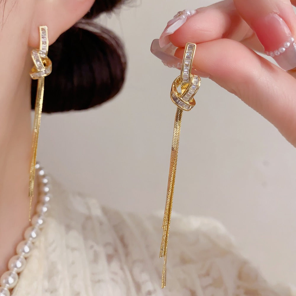 S925 Silver Baguette Knot Tassel Earrings Long Metal Chain Drop Earrings