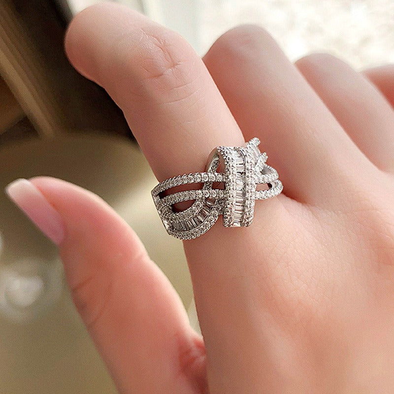 S925 Sterling Silver Crossed Ribbon Pavé Ring