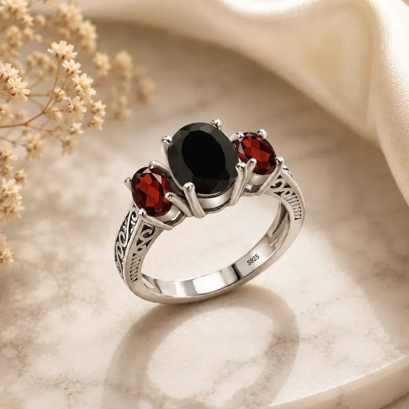 S925 Silver Black Obsidian & Garnet Talisman Ring