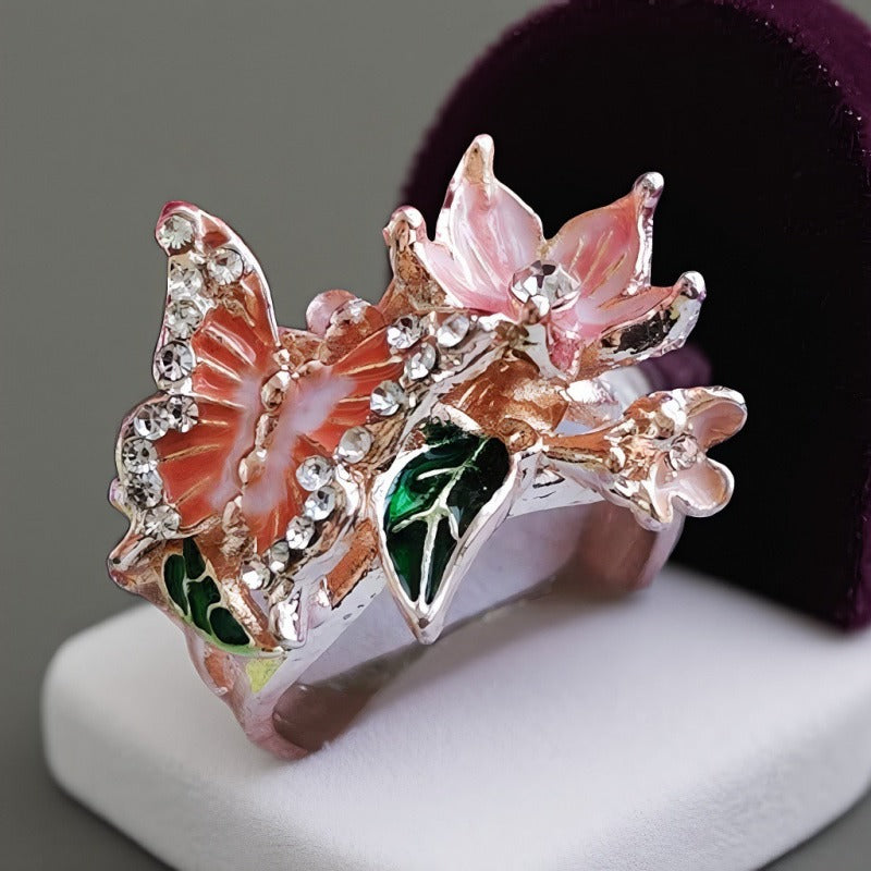 Vintage French Enamel Butterfly & Flower Open Ring