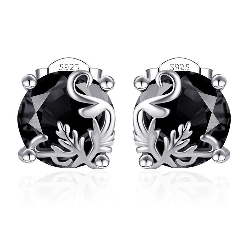 S925 Silver Vintage Vine Black Obsidian Stud Earrings