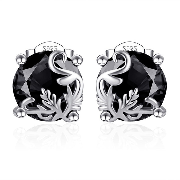 S925 Silver Vintage Vine Black Obsidian Stud Earrings