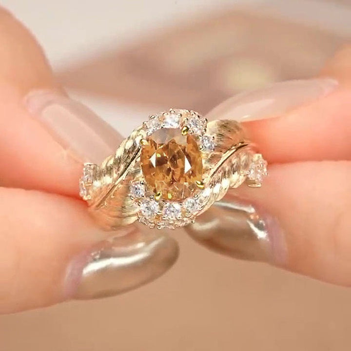 Vintage Feather & Leaf Open Ring Ruby or Champagne Center Stone