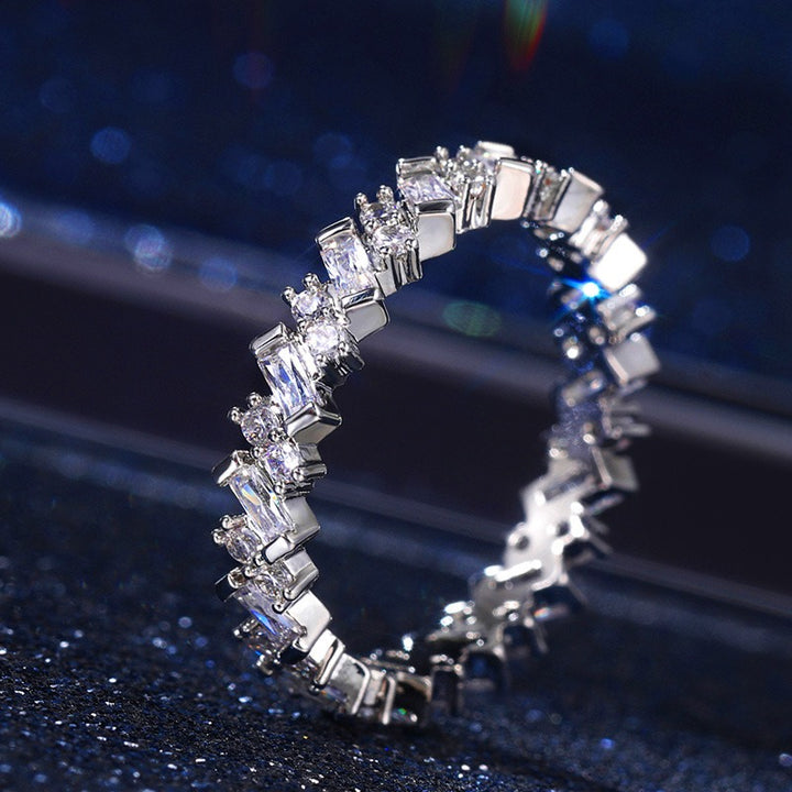 S925 Silver Art Deco Eternity Band Alternating Baguette & Round Cut CZ Ring