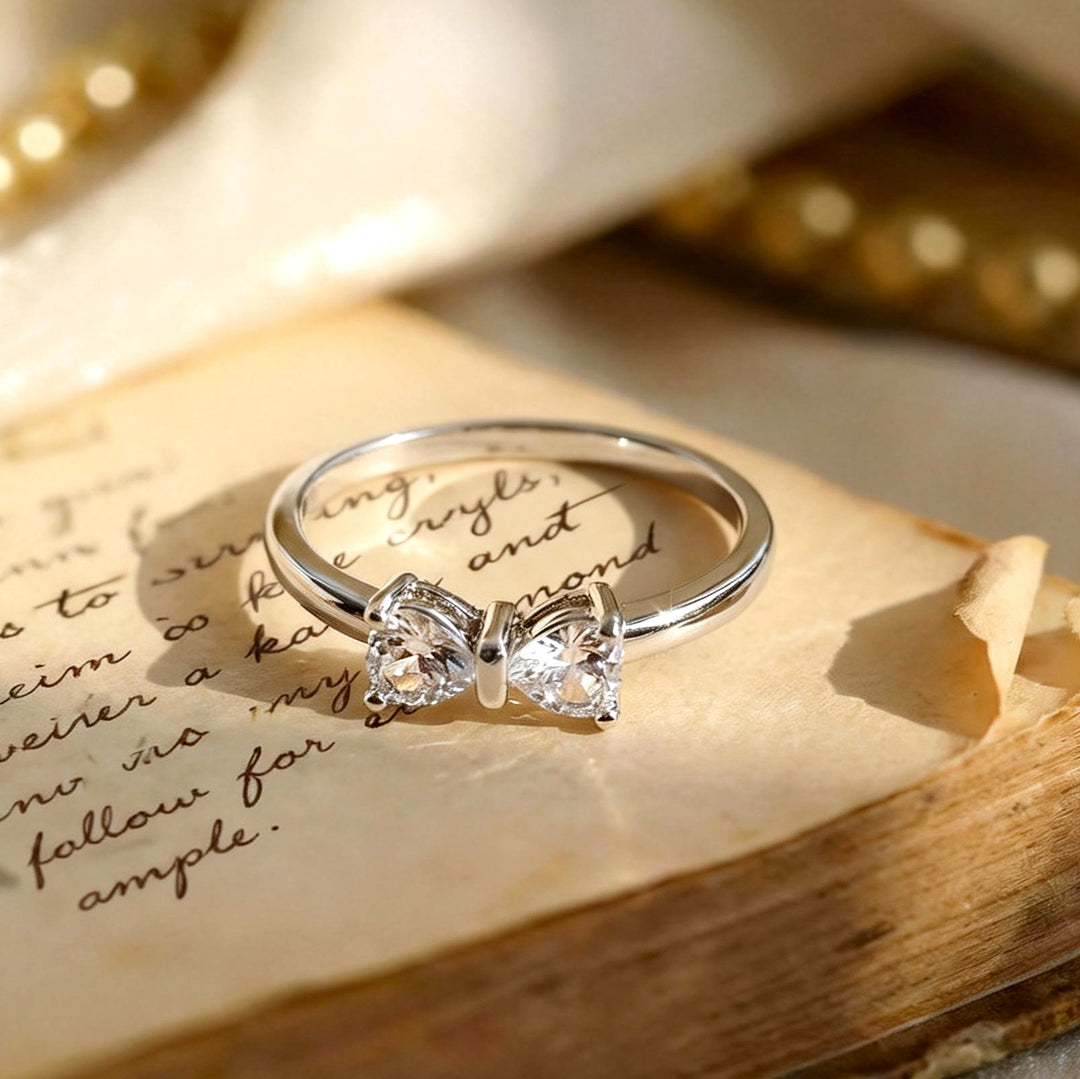 S925 Sterling Silver Double Heart Butterfly Ring Classic Elegant CZ Statement Ring