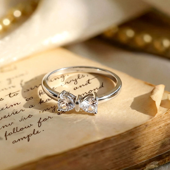 S925 Sterling Silver Double Heart Butterfly Ring Classic Elegant CZ Statement Ring