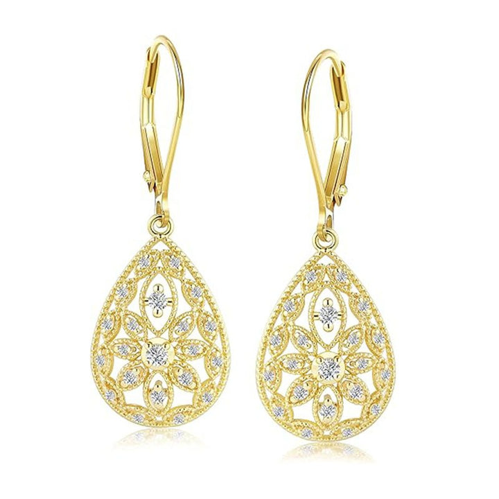 14K Gold Plated CZ S925 Silver Leverback French Vintage Teardrop Filigree Earrings