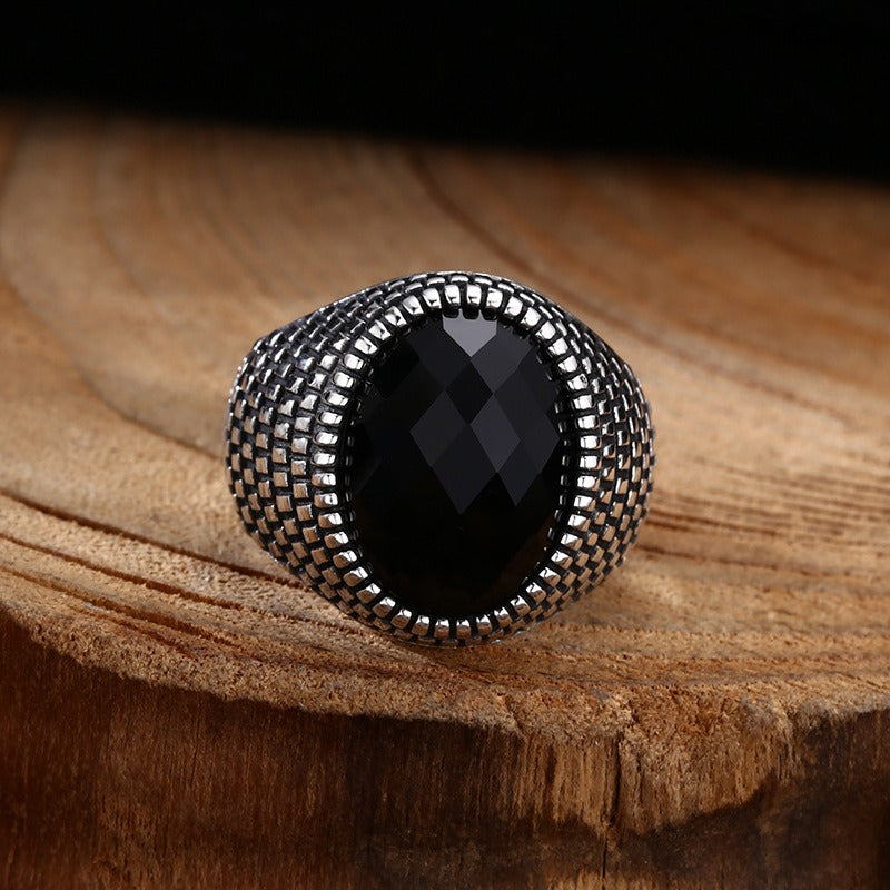 S925 Silver Black Obsidian Mesh Ring