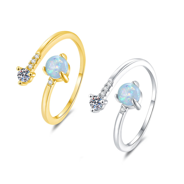 S925 Sterling Silver Iridescent Opal & Solitaire Asymmetrical Open Ring