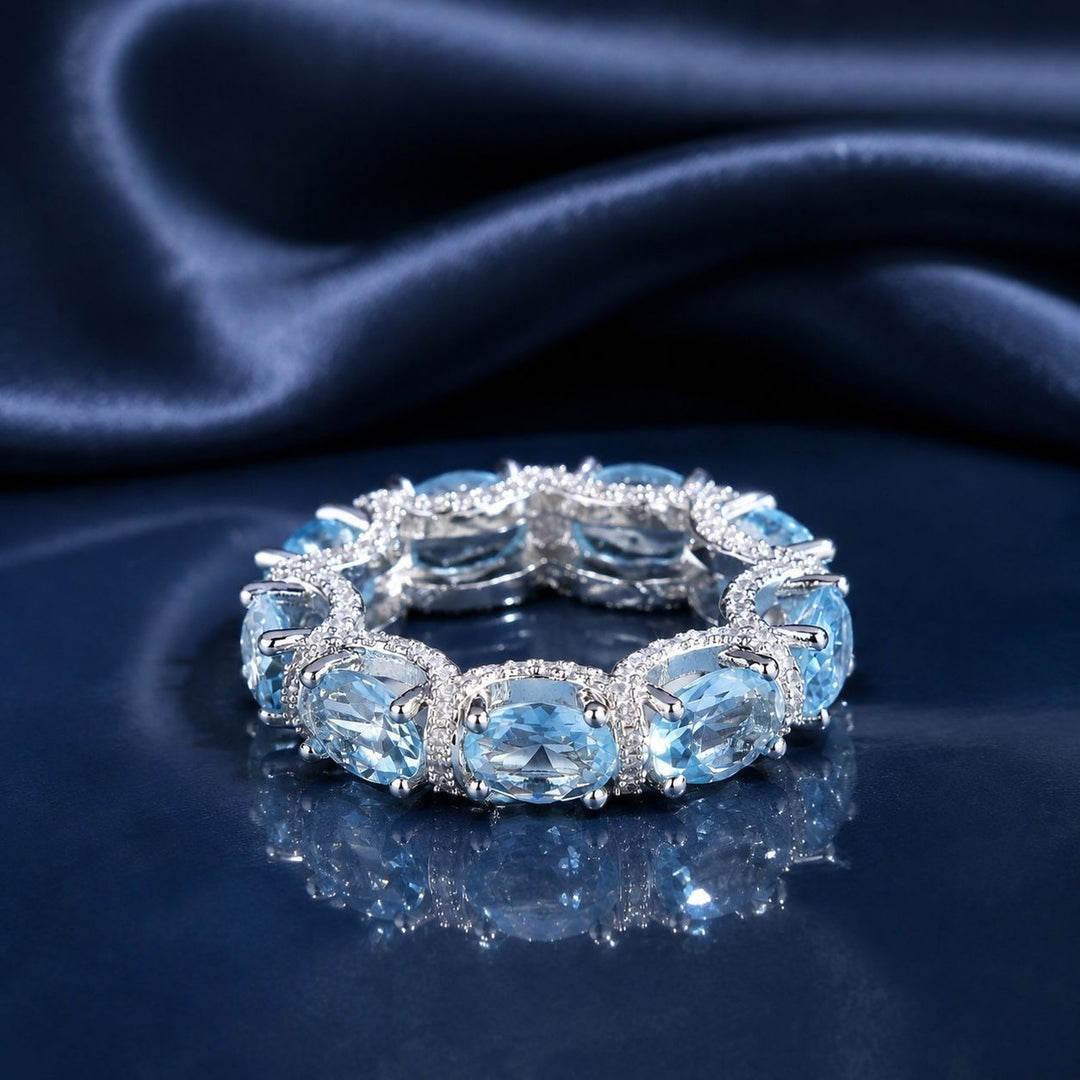 S925 Silver Light Blue Eternity Ring | Aquamarine Color CZ Band