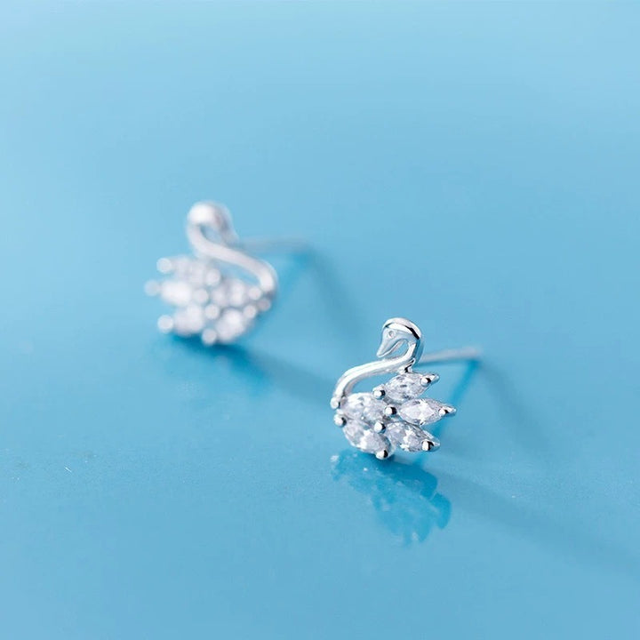 S925 Sterling Silver Elegant Swan Stud Earrings Marquise CZ Feather Design