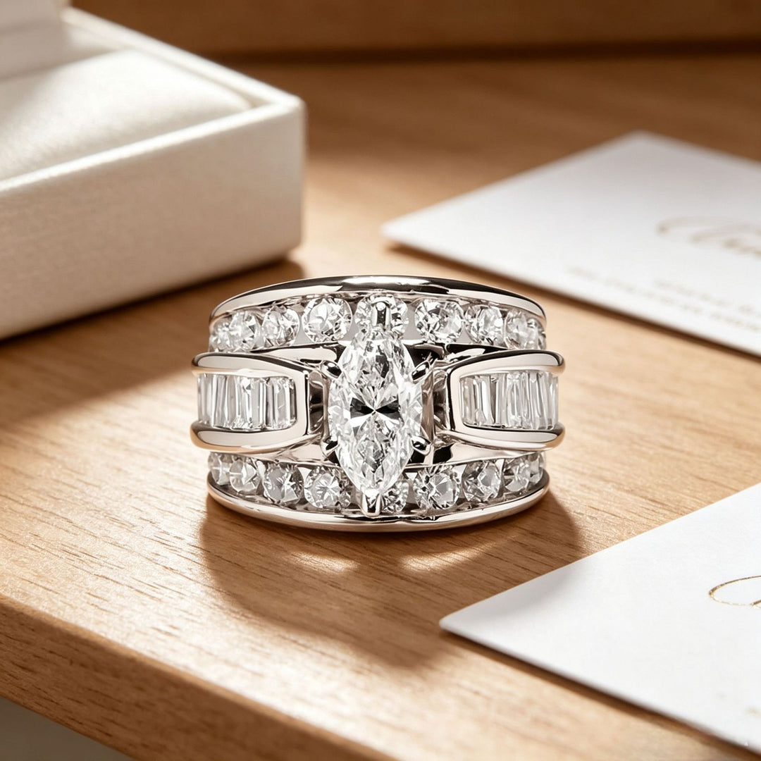 Vintage Wide Marquise Statement Mixed-Cut Pave Bands Ring