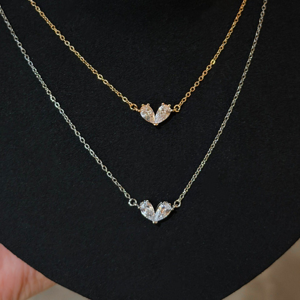 French Vintage Toi et Moi Necklace Double Pear Drop Heart Pendant