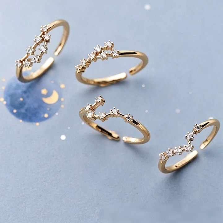 S925 Sterling Silver Zodiac Open Ring Constellation Pavé Ring