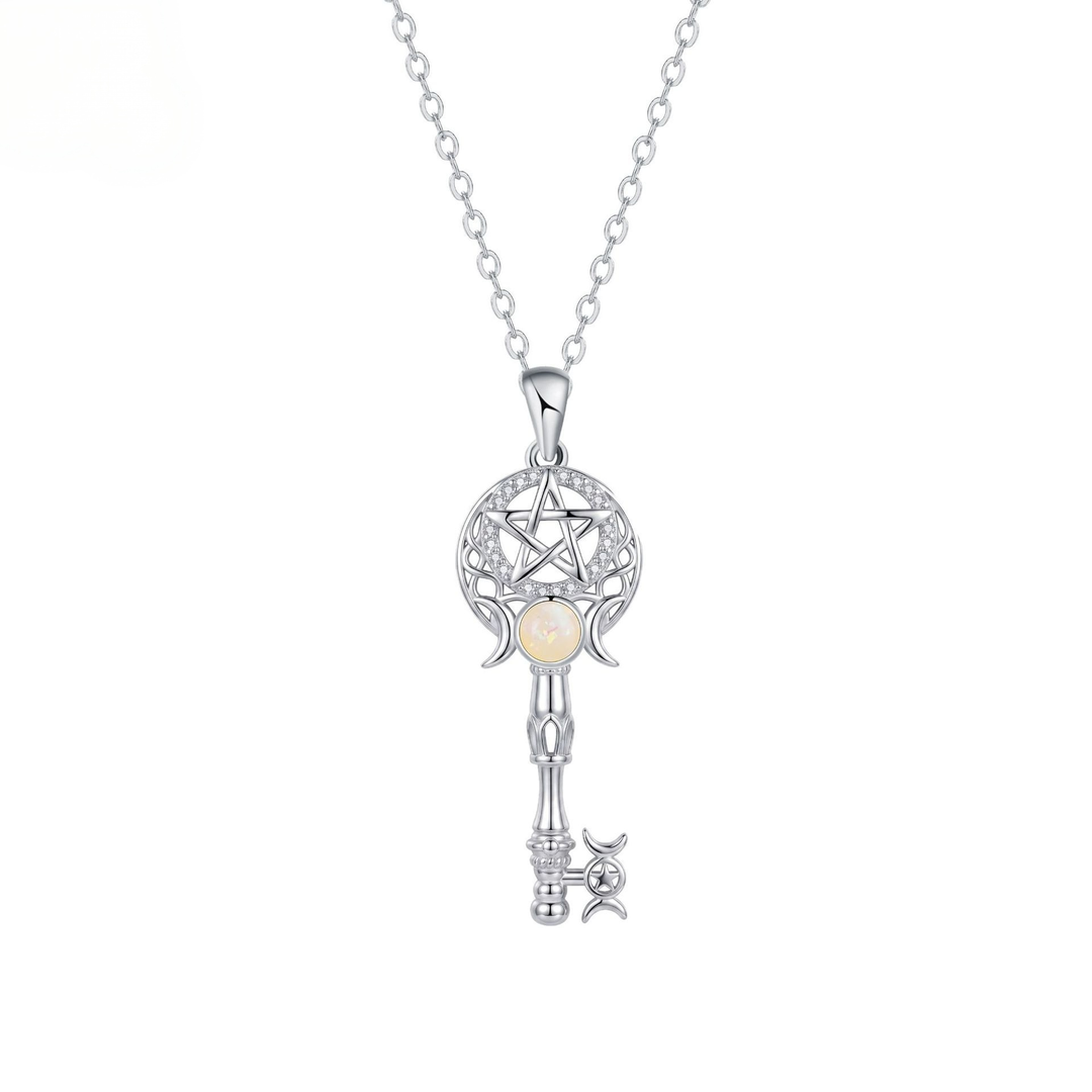 S925 Silver Opal Triple Moon Goddess Key Necklace