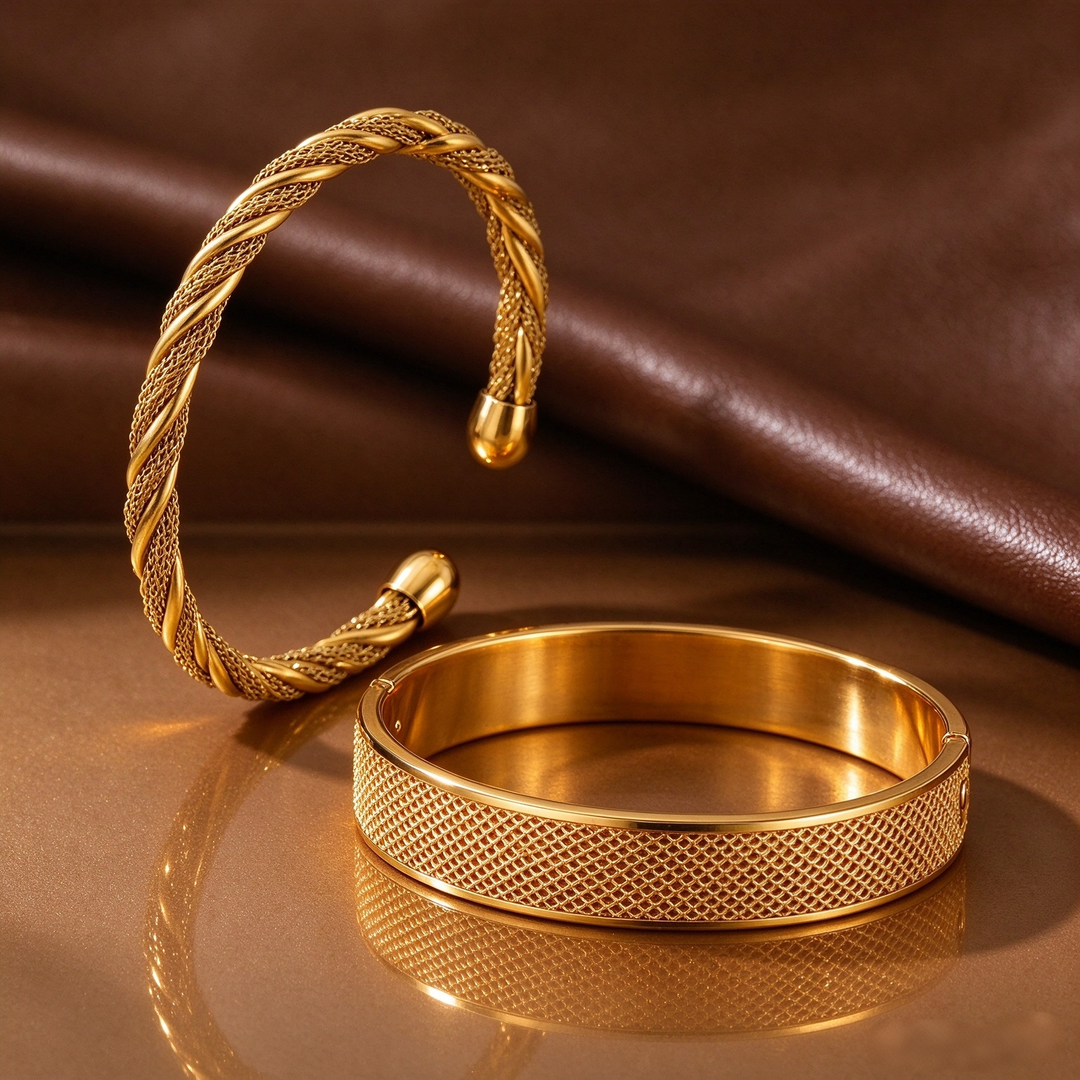 14K Gold Vintage Mesh & Twisted Bangle Classic Woven Texture Bracelet