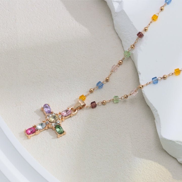Rainbow Covenant Colorful Gemstone Cross Necklace