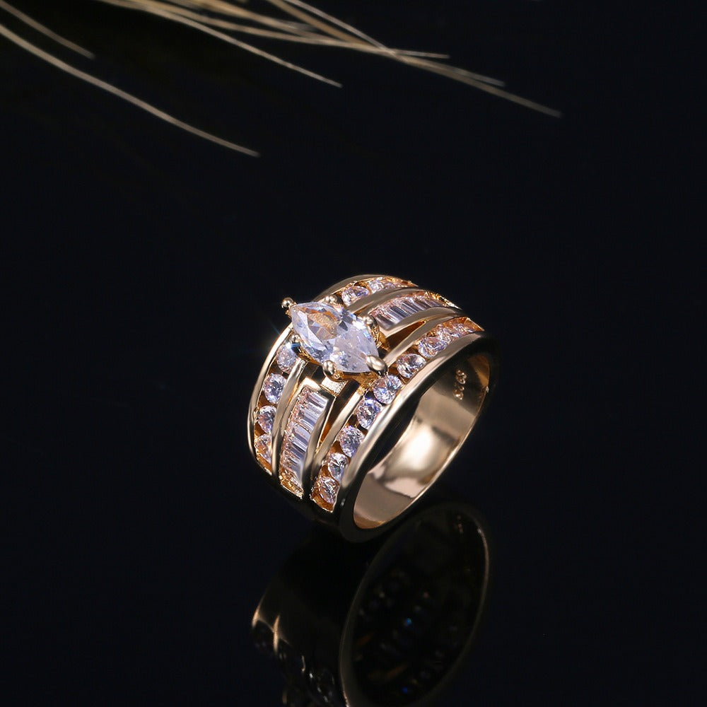 Triple Row Radiance 18K Gold Marquise Diamond Wide Band Ring Luxurious Coronation at Your Fingertips