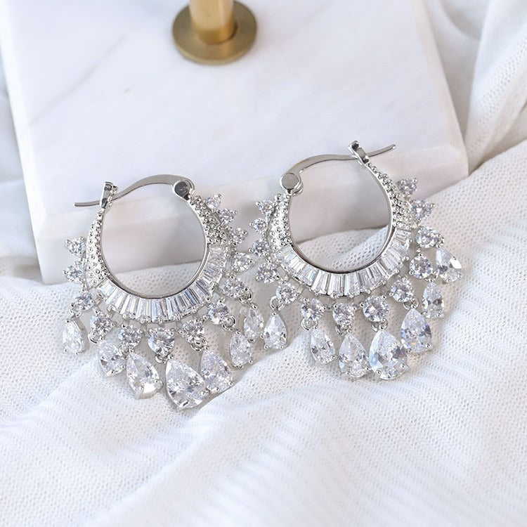 「Starfall Chandelier」Full Pave Teardrop Tassel Hoop Earrings