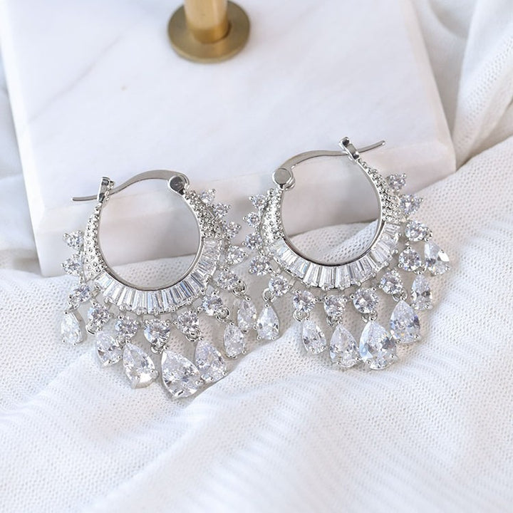 「Starfall Chandelier」Full Pave Teardrop Tassel Hoop Earrings