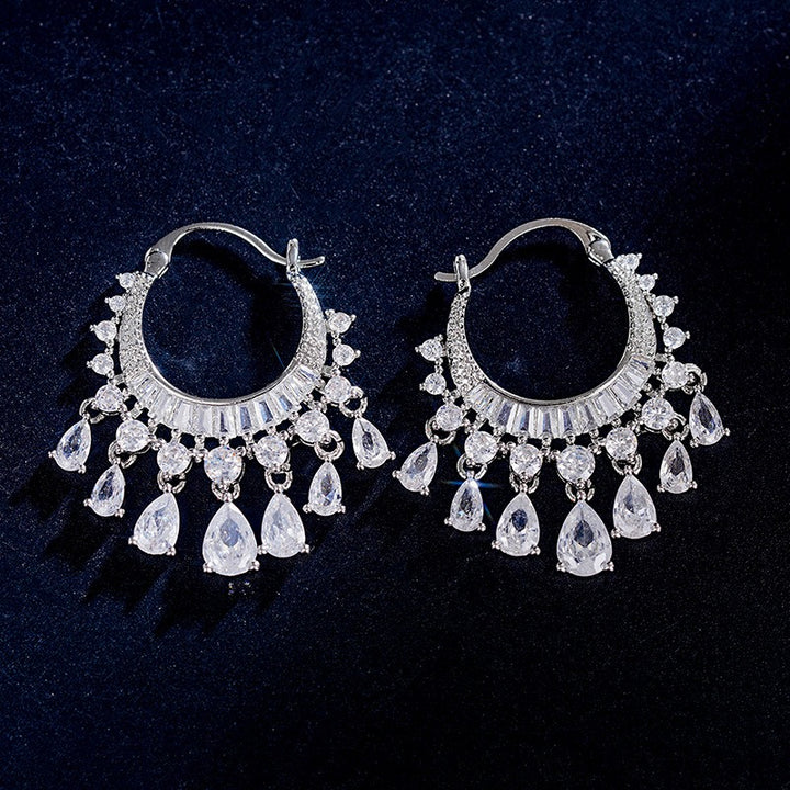 「Starfall Chandelier」Full Pave Teardrop Tassel Hoop Earrings