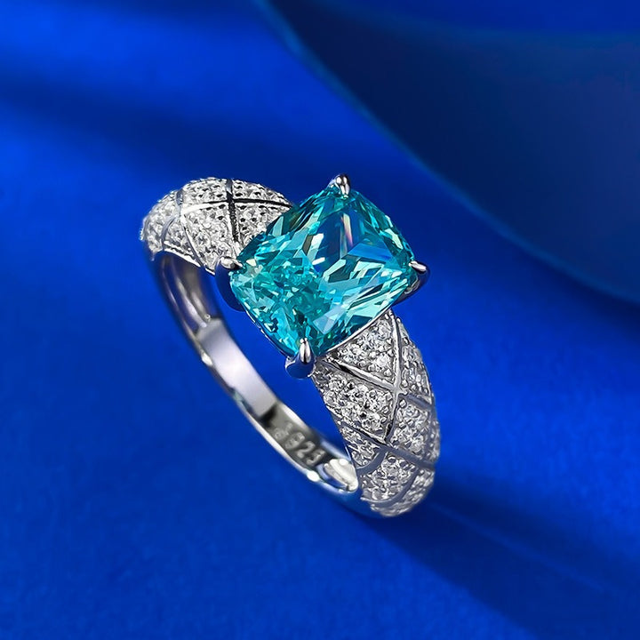 「Paraiba Dream」S925 Sterling Silver Cushion Cut Quilted Ring