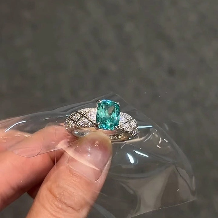 「Paraiba Dream」S925 Sterling Silver Cushion Cut Quilted Ring