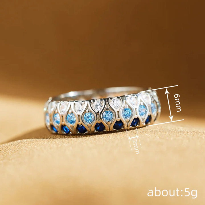 「Deep Sea Gradient」S925 Sterling Silver Three-Tone Blue Quilted Band Ring
