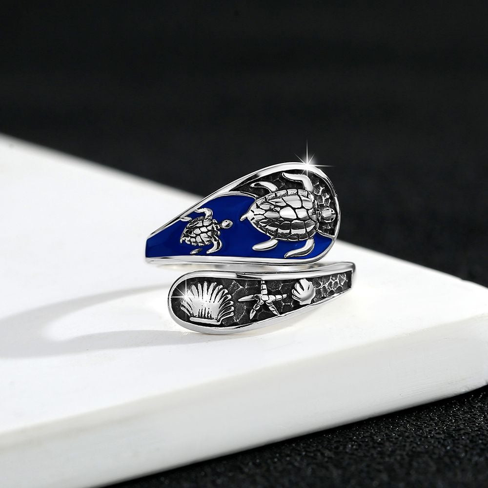 「Sea Turtle Guardian」Ocean Magic Enamel Open Ring